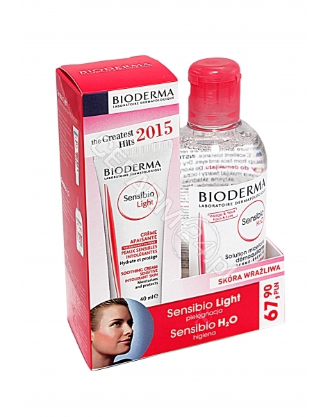 BIODERMA Bioderma promocyjny zestaw - sensibio h2o - płyn micelarny do oczyszczania twarzy i zmywania makijażu 250 ml + Bioderma sensibio light - krem łagodzący o lekkiej konsystencji do skóry wrażliwej 40 ml