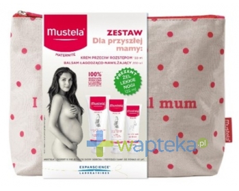 MUSTELA MUSTELA MATERNITE Zestaw dla przyszłej mamy Krem przeciw rozstępom 150ml + Balsam łagodząco-nawilżający 200ml + Żel lekkie nogi 125ml GRATIS + Kosmetyczka GRATIS