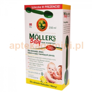 ORKLA HEALTH AS Tran Mollers Baby, cytrynowy, powyżej 6 miesiąca, 250ml + łyżeczka